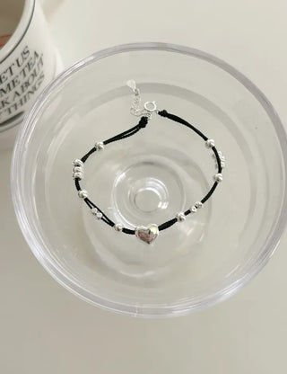 925 Silver Bracelet Heart Silver Ball String Black Bracelet