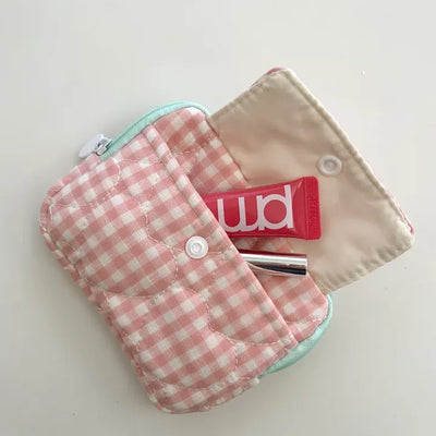 Check Card Wallet Mini Pouch Quilted Pocket Zipper