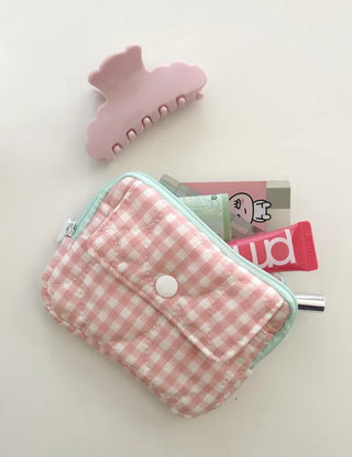 Check Card Wallet Mini Pouch Quilted Pocket Zipper