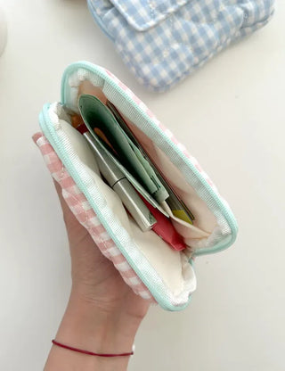 Check Card Wallet Mini Pouch Quilted Pocket Zipper