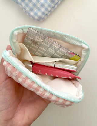 Check Card Wallet Mini Pouch Quilted Pocket Zipper