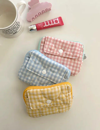 Check Card Wallet Mini Pouch Quilted Pocket Zipper