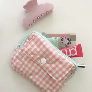 Check Card Wallet Mini Pouch Quilted Pocket Zipper