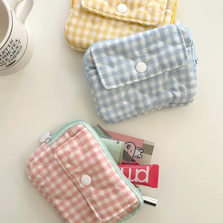 Check Card Wallet Mini Pouch Quilted Pocket Zipper