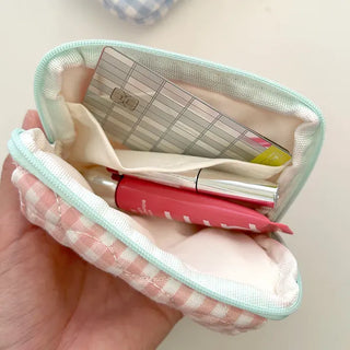 Check Card Wallet Mini Pouch Quilted Pocket Zipper
