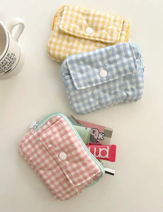 Check Card Wallet Mini Pouch Quilted Pocket Zipper