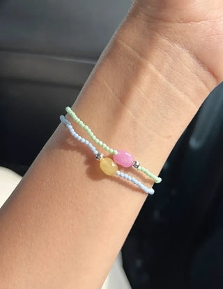 Swimsuit Outfit White Jade Silver Ball Bead Bracelet Pastel