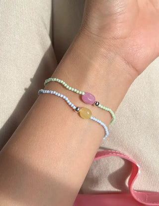 Swimsuit Outfit White Jade Silver Ball Bead Bracelet Pastel