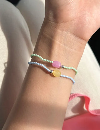 Swimsuit Outfit White Jade Silver Ball Bead Bracelet Pastel