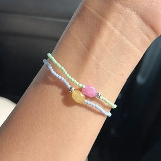 Swimsuit Outfit White Jade Silver Ball Bead Bracelet Pastel