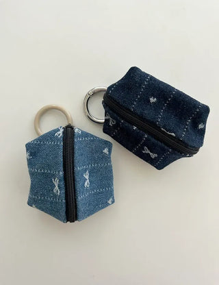 Mini Pouch Keyring Denim Flower Coin Purse