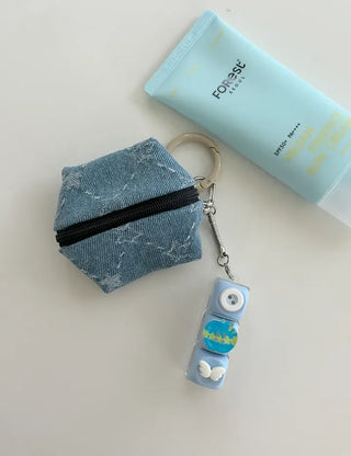 Mini Pouch Keyring Denim Flower Coin Purse