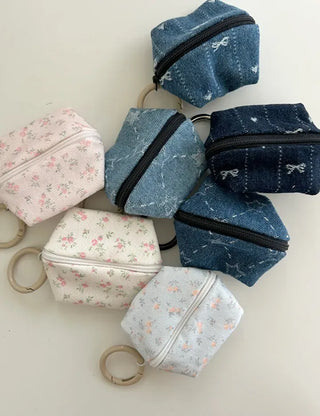 Mini Pouch Keyring Denim Flower Coin Purse