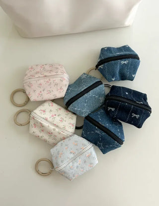 Mini Pouch Keyring Denim Flower Coin Purse