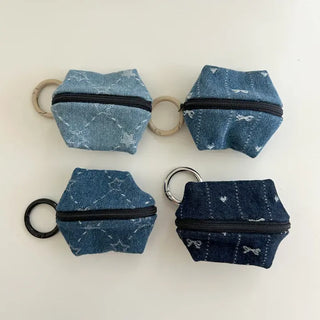 Mini Pouch Keyring Denim Flower Coin Purse