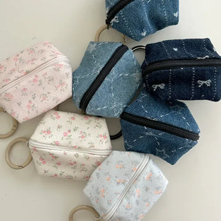 Mini Pouch Keyring Denim Flower Coin Purse