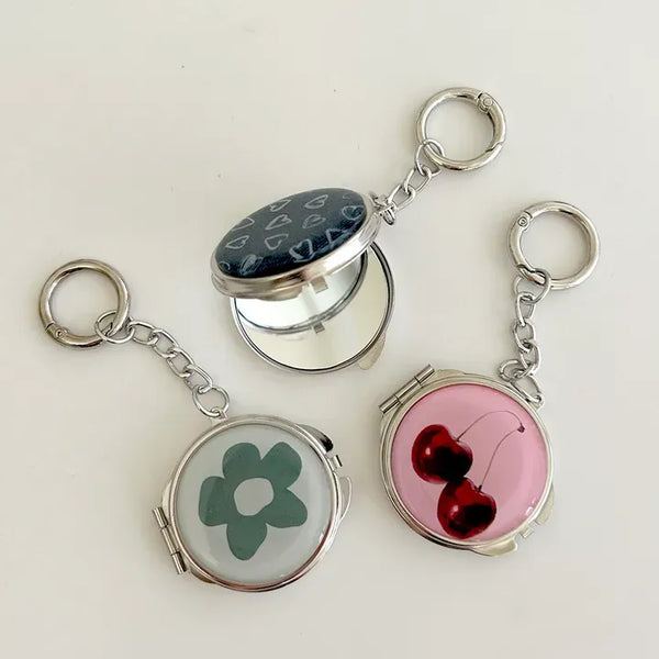 Round mirror keyring cherry metal keychain key holder