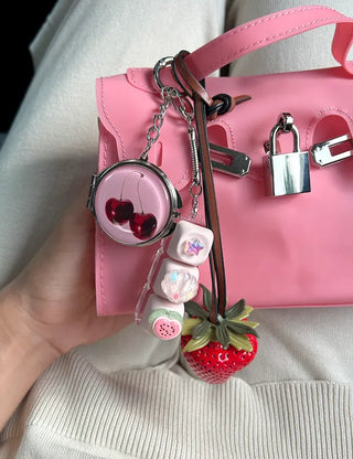 Round mirror keyring cherry metal keychain key holder