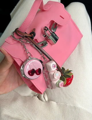Round mirror keyring cherry metal keychain key holder