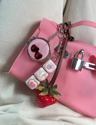 Round mirror keyring cherry metal keychain key holder
