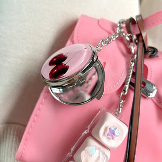 Round mirror keyring cherry metal keychain key holder