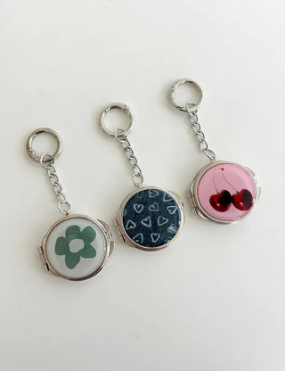 Round mirror keyring cherry metal keychain key holder