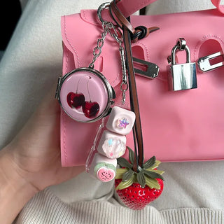 Round mirror keyring cherry metal keychain key holder