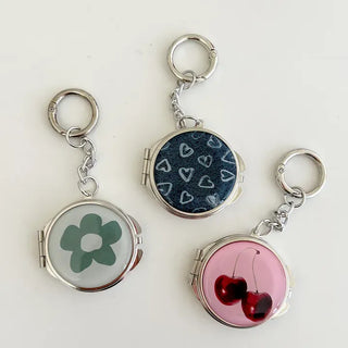 Round mirror keyring cherry metal keychain key holder