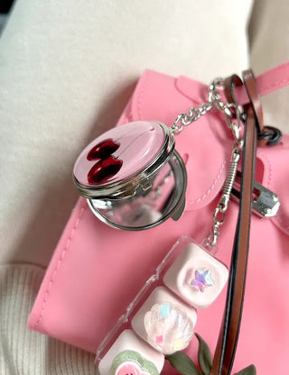 Round mirror keyring cherry metal keychain key holder
