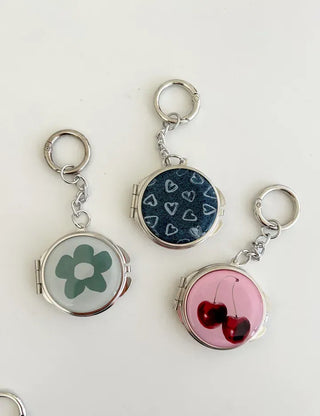 Round mirror keyring cherry metal keychain key holder