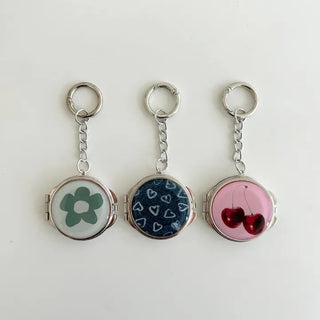 Round mirror keyring cherry metal keychain key holder