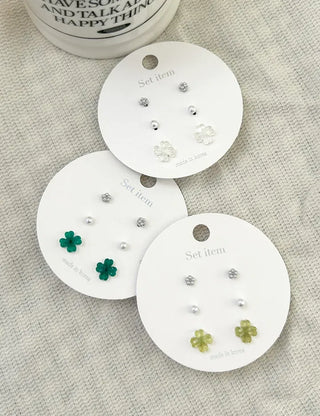Piece Set Four-Leaf Clover Mini Earrings Pearl Earrings