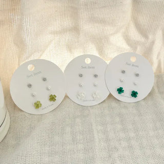 Piece Set Four-Leaf Clover Mini Earrings Pearl Earrings