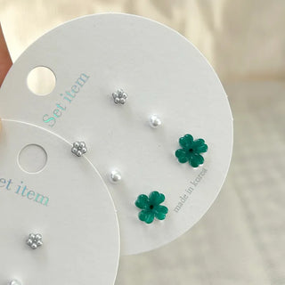 Piece Set Four-Leaf Clover Mini Earrings Pearl Earrings
