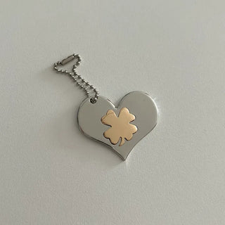 Gold Four-Leaf Clover Heart Keyring Bag Charm