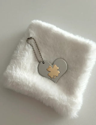 Gold Four-Leaf Clover Heart Keyring Bag Charm