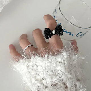 Pearl Large Ribbon Silver Ball Bead Ring