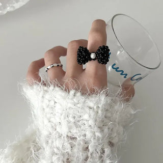 Pearl Large Ribbon Silver Ball Bead Ring