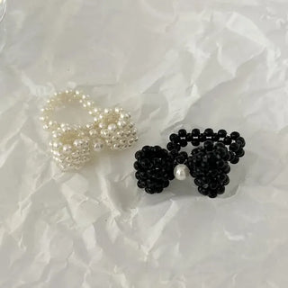 Pearl Large Ribbon Silver Ball Bead Ring