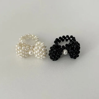 Pearl Large Ribbon Silver Ball Bead Ring