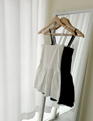 Straight top satin frill layered long strap tank top