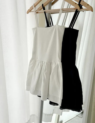 Straight top satin frill layered long strap tank top