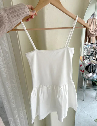 Straight top satin frill layered long strap tank top