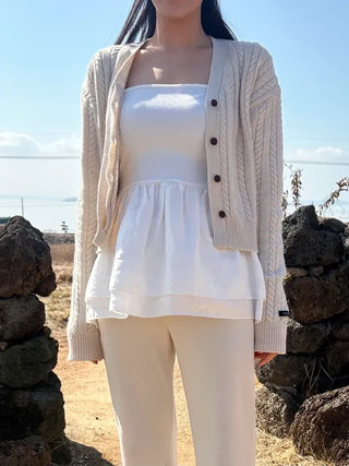 Straight top satin frill layered long strap tank top