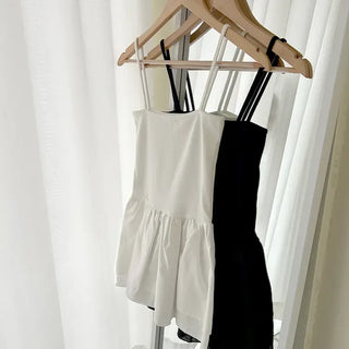 Straight top satin frill layered long strap tank top