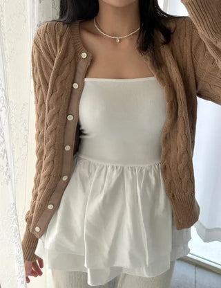 Straight top satin frill layered long strap tank top