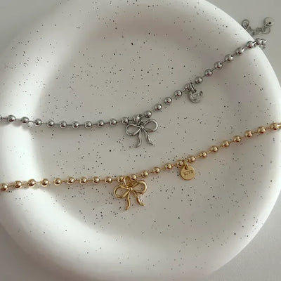 Cute Ribbon Love Engraved Silver Ball Chain Bracelet