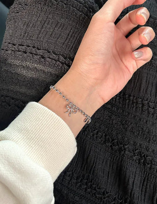 Cute Ribbon Love Engraved Silver Ball Chain Bracelet