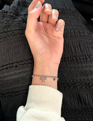 Cute Ribbon Love Engraved Silver Ball Chain Bracelet