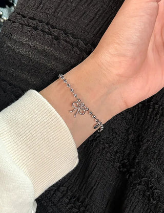 Cute Ribbon Love Engraved Silver Ball Chain Bracelet
